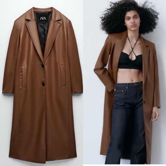Zara Jackets & Blazers - Zara Faux Leather Longline Duster Blazer Top Coat Jacket Cognac Brown Medium